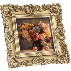 eletecpro 4x4 Vintage Picture Frame with Real Glass Cover, Ornate Antique Photo Frame, Display 4x4 Picture for Tabletop or Wall Hanging, Gold Home Decor for Gallery Art