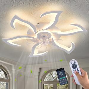 Yfrest Modern Ceiling Fan with Light and Remote, Low Profile 32 Inch White Flush Mount Fandelier Ceiling Fan for Kitchen Bedroom, middle