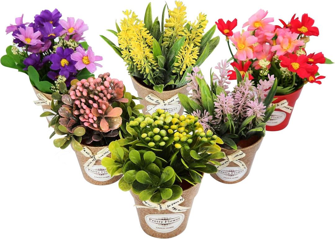 LUEUR Set of 6 Potted Artificial Flowers Fake Flowers with Vase Faux Flowers in Pot, Spring Decor for Home Office Floral Arrangement for Table Dinning Room Decoration Shelf Decor