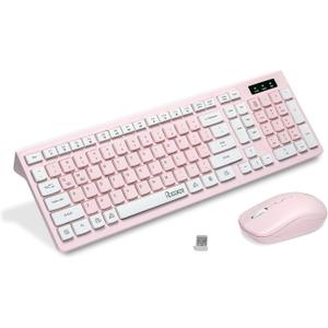 Wireless Keyboard and Mouse Combo, Reccazr 2.4G Full-Sized Keyboard and Mouse Cordless, 3 DPI Adjustable Mouse, Dual-System Keyboard for Computer/Laptop/Windows/Mac (Pink & White)