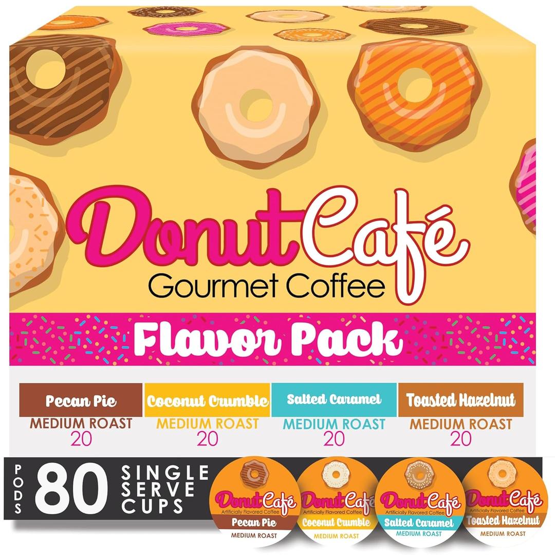 Donut Caf - Gourmet Coffee Medium Roast Flavored Variety Pack Pecan Pie, Coconut Crumble, Salted Caramel, Toasted Hazelnut Single Serve Coffee Pods for Keurig K Cup Brewers 80 Count (EXP 05/05/28)