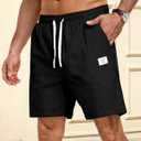 Men's Corduroy Shorts Casual Elastic Drawstring Lightweight Summer Beach Shorts with Pockets (Black, M)