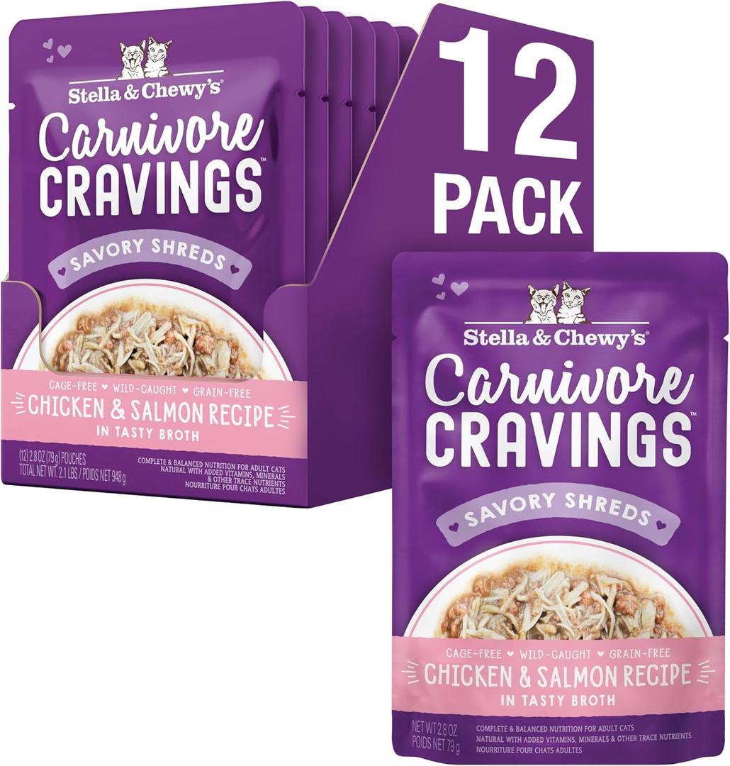 Stella & Chewy's Carnivore Cravings Wet Cat Food - Premium Pouches - Grain Free, High Protein Chicken & Salmon - Perfect for Picky Eaters - Complete Meal or Topper (2.8 oz, 12 Pack) (EXP 03/24/27)