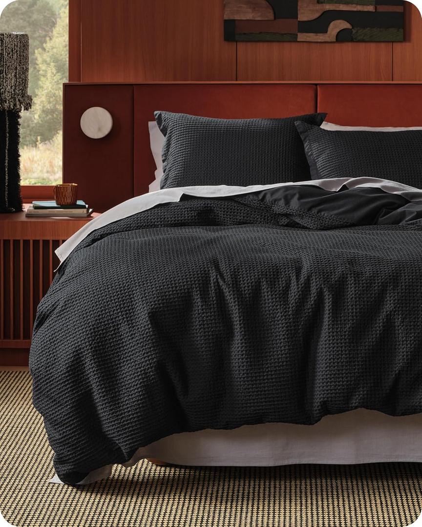 Bedsure Cotton Duvet Cover Set - 100% Cotton Waffle Weave Black Duvet Cover Oversized King Size, PureWoven Breathable Bedding Set for All Season, 3 Pieces, 120"x98"