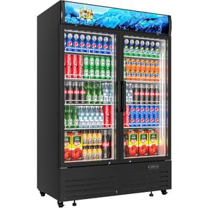 Commercial Beverage Refrigerator 2 Glass Door, 36 Cu.ft Commercial Upright Display Merchandiser Refrigerator, Beverage Cooler with LED Light, Lock Wheels, Adjustable Shelf for Bar, Shop