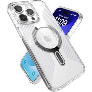 Speck Clear iPhone 15 Pro Max Case - ClickLock No-Slip Interlock, Built for MagSafe, Drop Protection Grip - Scratch Resistant, Anti-Yellowing, 6.7 Inch Phone Case - Presidio Grip Clear/Chrome