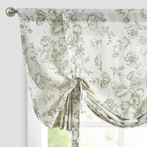 jinchan Tie Up Valance Curtain Floral Linen for Window Farmhouse Valance 54 Inch Peonies Botanical Short Window Treatment Adjustable Length for Kitchen Living Room Light Filtering 1 Panel Sage Green