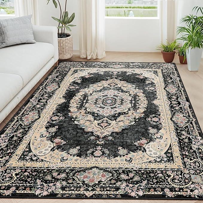 8x10 Area Rugs Washable,Boho Rug for Living Room Bedroom Dining Room,Large Vintage Bohemian Distressed Carpet Non Slip,Floral