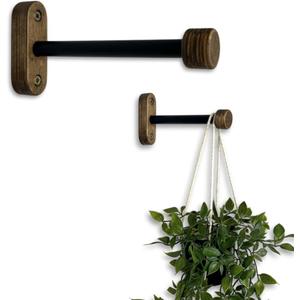 EvenWood 2-Piece Set of Wooden Plant Hooks for Wall with Sturdy Metal Tube - Plant Wall Hanger for Pots, Flower Brackets - Bracket Plant Hanger for Indoor and Outdoor Decorations (Walnut, 6 Inch)
