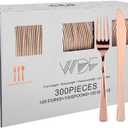 WDF 300 Pieces Rose Gold Plastic Silverware- Disposable Flatware Set - Heavy Duty Plastic Cutlery Includes 100 Forks, 100 Spoons, 100 Knives Perfect for Wedding, Party