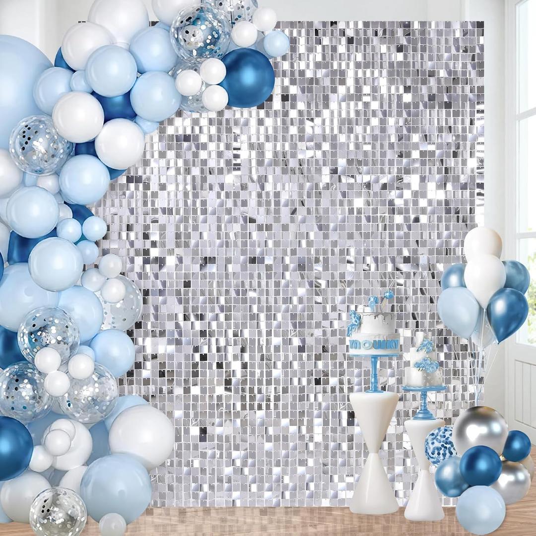 Shimmer Wall Backdrop Sequin Wall Panels Pack of 24 Silver Glitter Backdrop Panel for Birthday Home Anniversary Engagement Bachelorette Mermaid Parties Decorations (6ftx4ft)