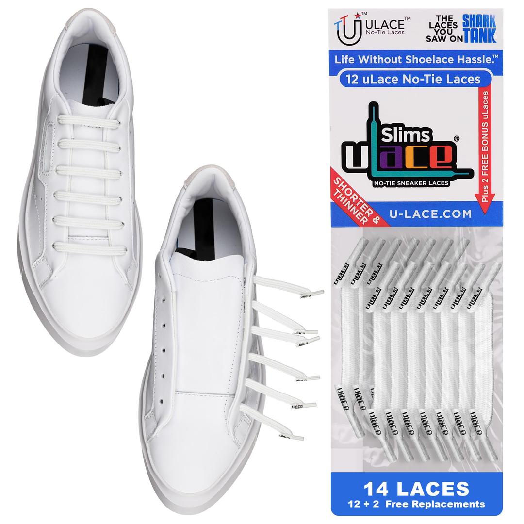 U-Lace Slims No-Tie Shoelaces - Elastic Stretch Laces for Sneakers, White