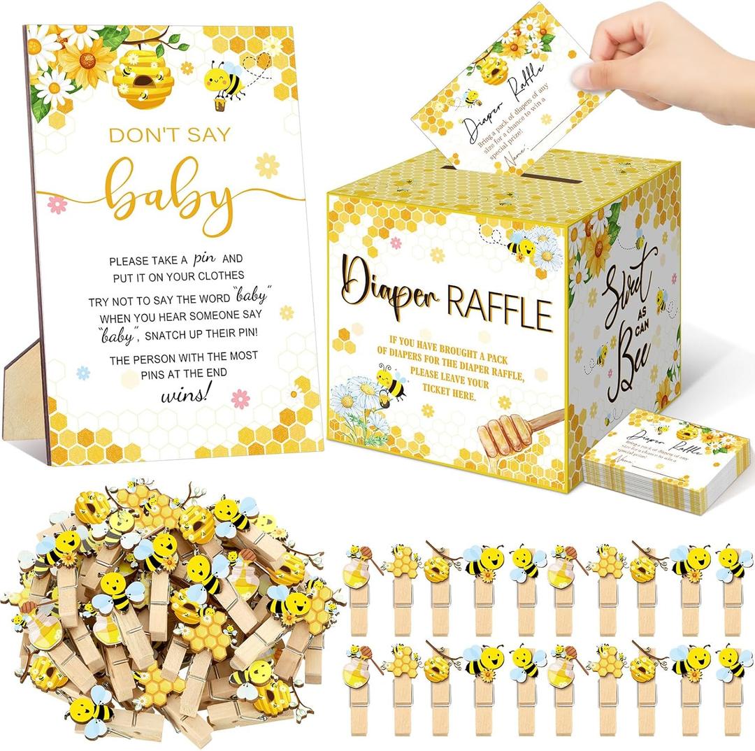 102 Pcs Bee Baby Shower Game Supplies Diaper Raffle Tickets with Diaper Raffle Card Box Don't Say Baby Sign Mini Bee Clothespin Game Decor for Gender Reveal Favor