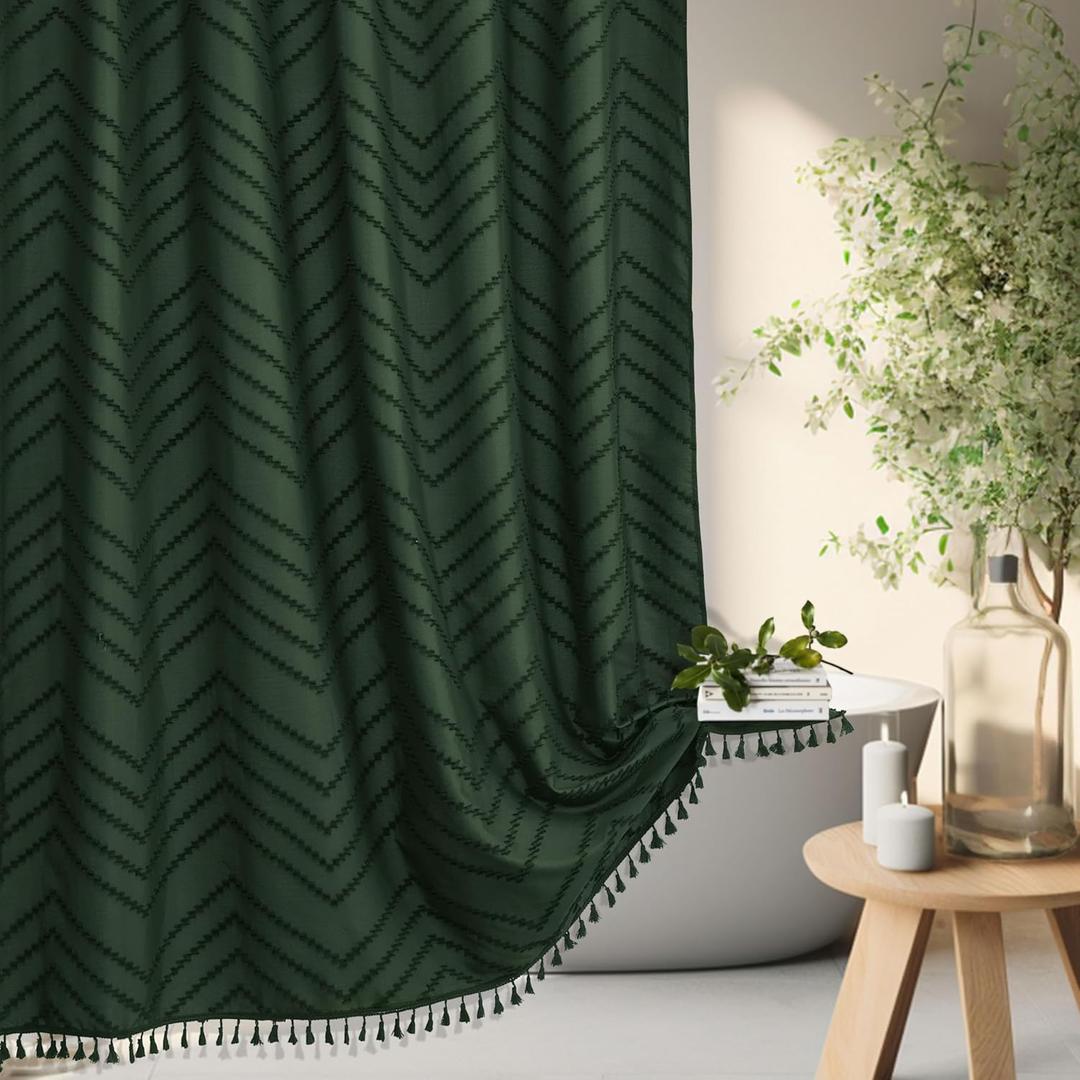 Dark Green Boho Shower Curtain with Tassel Woven Fabric Shower Curtain 72 x 72 Modern Farmhouse Textured Tufted Chevron Striped Minimalist Shower Curtains for Bathroom