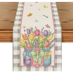 Artoid Mode Buffalo Plaid Vase Lavender Tulip Spring Table Runner, Seasonal Kitchen Dining Table Decoration for Home Party Decor 13x72 Inch