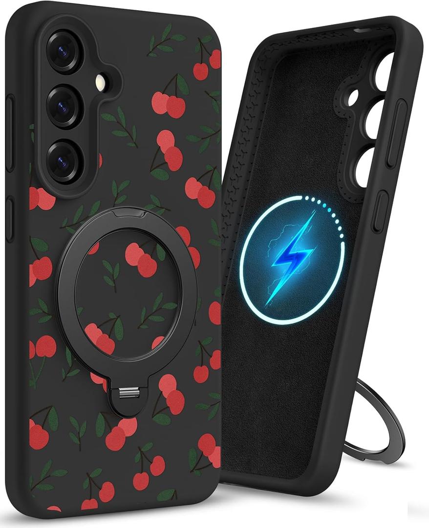 Uppuppy for Samsung Galaxy S25 Case - Liquid Silicone Compatibe with Magsafe Phone Case with Magnetic Stand Cute Women Girly Kickstand Built-in Magnet Ring Soft Cover for S25, Cherry