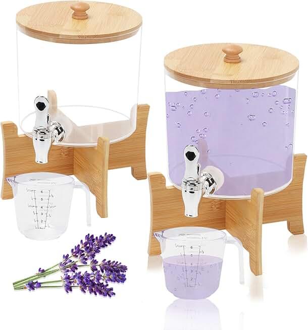 2.5L Laundry Detergent Dispenser, Laundry Liquid Dispenser with Stainless-Steel Tap, Liquid Soap Fabric Softener Container for Laundry Room (Round Large + Small)