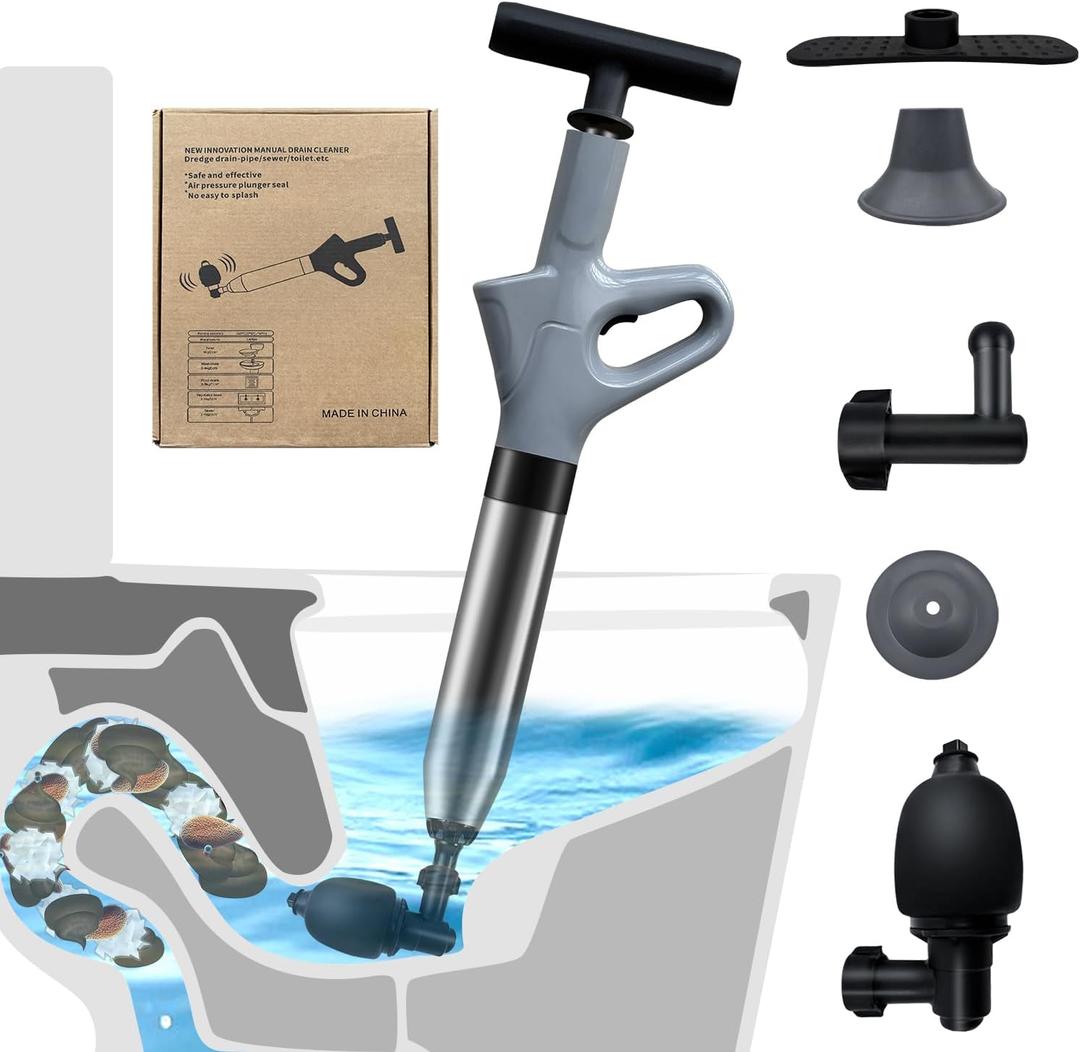 Toilet Plunger,High Pressure Air Drain Blaster Gun,Stainless Steel Air Plungers,Toilet Snake for Toilet, Bathroom, Floor Drain, Kitchen Pipes (Gray)