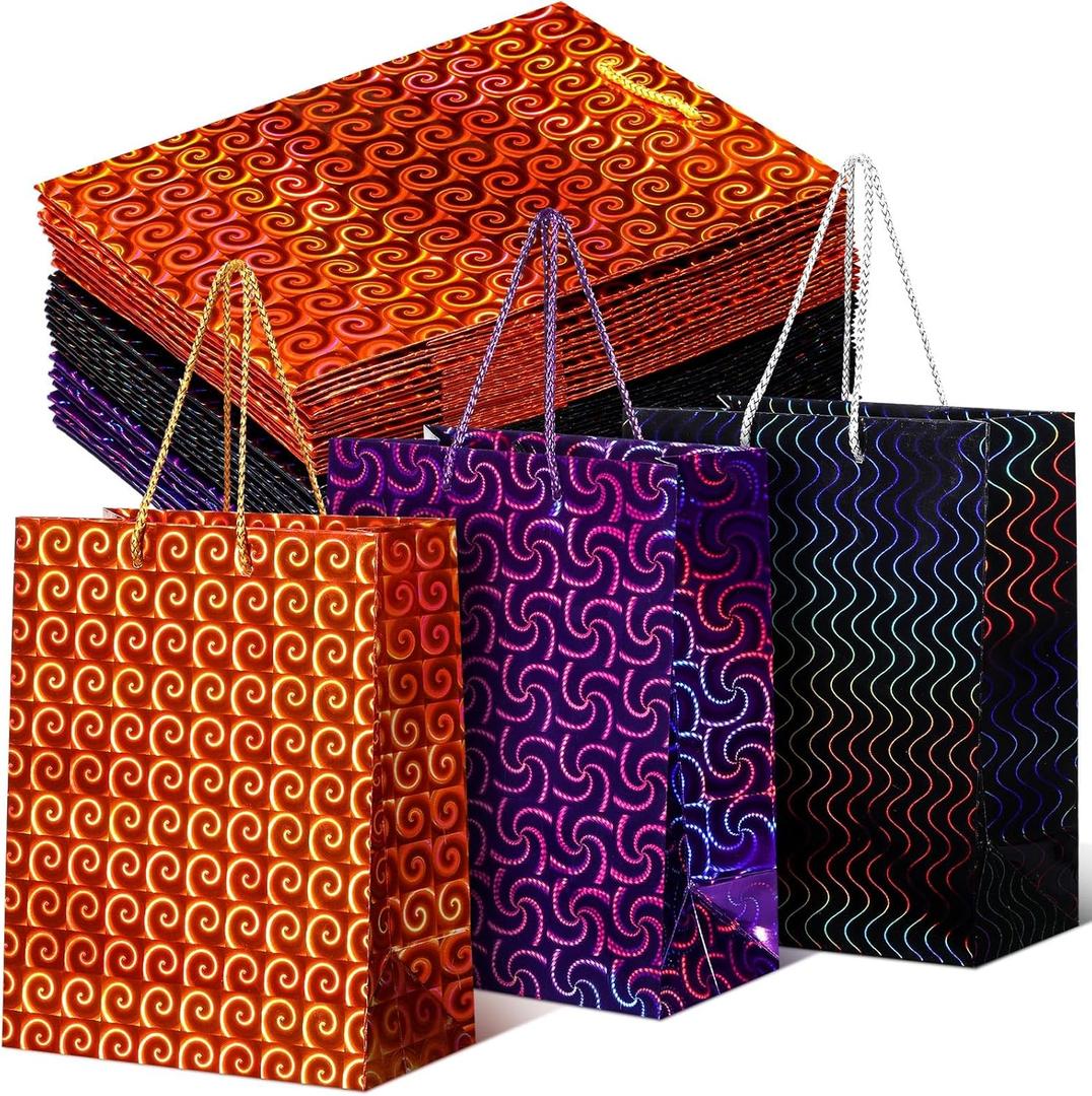 Sunnymove 30 Pcs Large Iridescent Gift Bags Decorations Holographic Party Favor 9 x 7" Iridescent Glitter Paper Wrapped Goodie Bags with Handles for Birthday Bachelorette Christmas Party Supplies (Purple, Gold, Black)