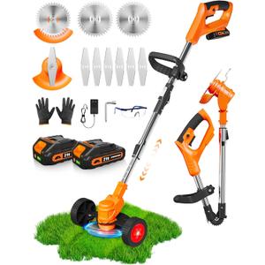 Electric Weed Wacker, Foldable Cordless Weed Eater Battery Powered, 3-in-1 Stringless Lightweight Brush Cutter Grass Trimmer Lawn Tool with Adjustable Length for Garden and Yard (Orange)