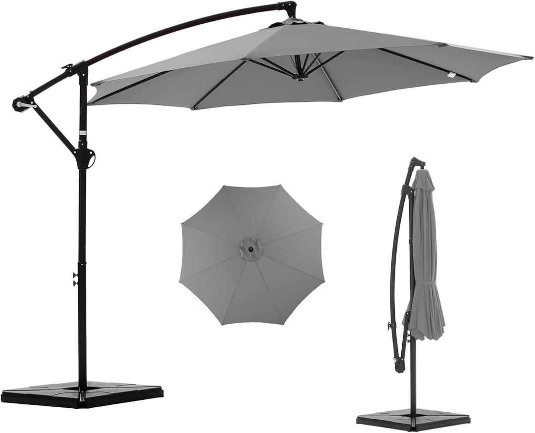 NEWBULIG 10FT Patio Umbrella, Offset Cantilever Outdoor Patio Table Umbrella, UV Protection, Fade Resistant Fabric, Easy Tilt Adjustment for Pool, Deck, Garden, Backyard (10ft-with 4 Bases, Gray)