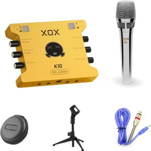 XOX K10 set live streaming audio interface,live sound card,audio mixer with wired microphone,monitor earphone and metal desktop microphone stand. (K10 S1 SET)