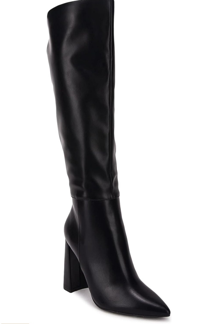 Juliet Holy Womens Pointed Toe Knee-high Boot Wide Calf Chunky Block Side Zipper Go-go Boots Size 8