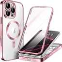 BERFY for iPhone 16 Pro Case, Compatible with MagSafe, Built-in 9H Tempered Screen Protector and Camera Protection, Full Body Shockproof Plating Phone Case for 16 Pro 6.3", Titanium Pink