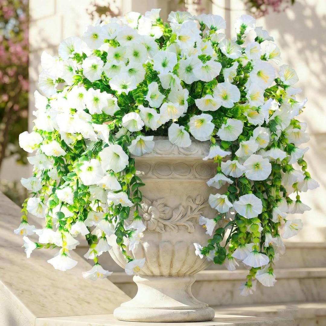 Lvydale 2 PCS Artificial Hanging Flowers Fake Plants for Winter Christmas Outdoor,Faux Silk White Morning Glory with Eucalyptus UV Resistant Realistic Hanging Petunias Vines for Home Garden Decor