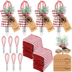 6 Sets Christmas Whisk Baking Supplies Gifts Sets Include Stainless Steel Whisk, Greeting Card, Snowfall Pine Branch, Plaid Towel, Rope for Xmas Neighbor Employee Stocking Stuffer Cooking (8 Inch)