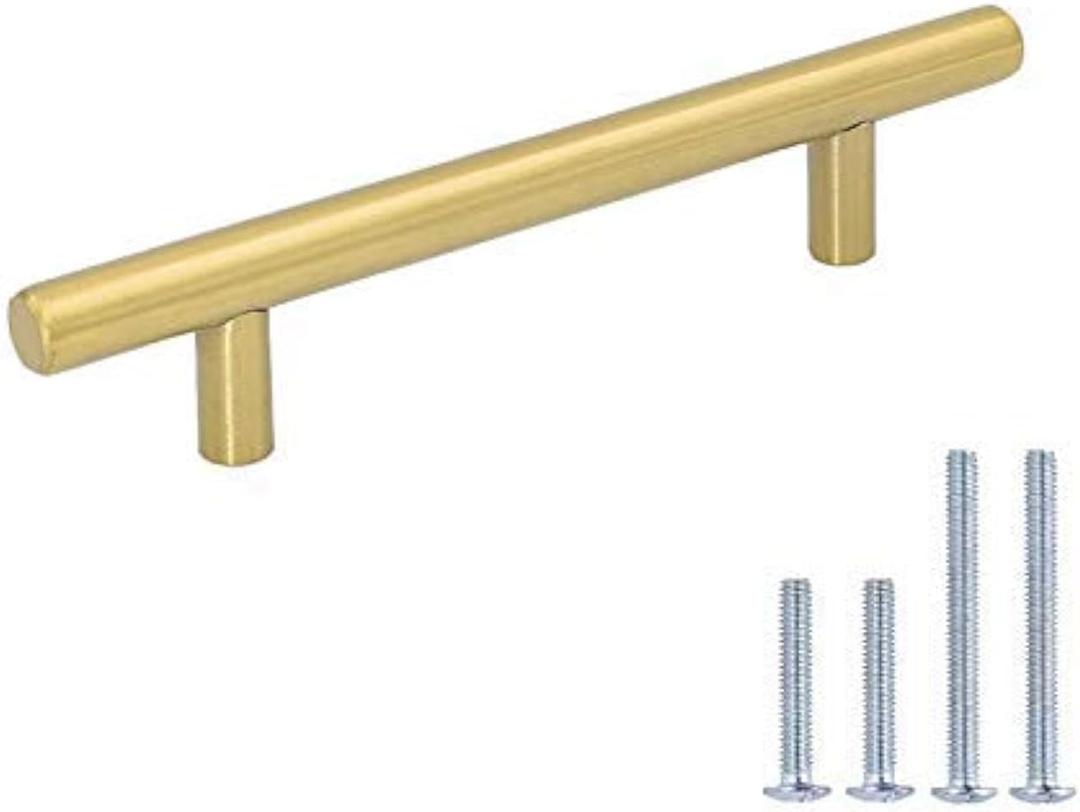 LONTAN 12 Pack Kitchen Cabinet Handles Gold Drawer Pulls 4-1/2 Inch Gold Cabinet Handles Brushed Brass Stainless Steel Furniture Hardware for Bathroom (4-1/2in hole centers)