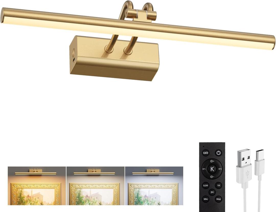 Battery Operated Picture Light for Wall, 4000mAh Cordless Wall Lamp for Painting Photo Artwork , Remote Control, Magnetic for Easy to Charge,Timers, 13.8'' Display for Gallery Living Room Bedroom Gold