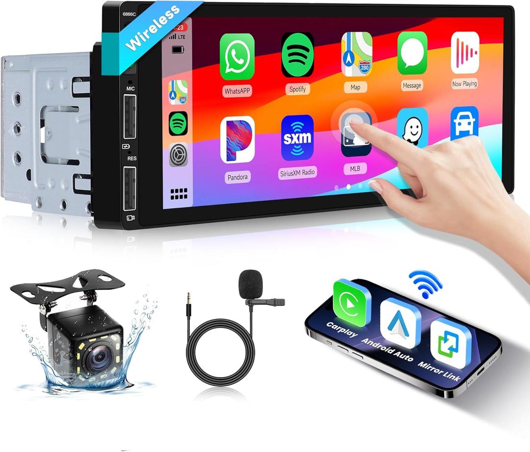 Podofo 6.86inch Single Din Radio with Wireless Carplay Android Auto,1280x480 HD Touch Screen 5.1 Bluetooth Car Stereo Audio Receivers with Airplay Mirror Link FM EQ Backup Camera 2 USB Phone Charging