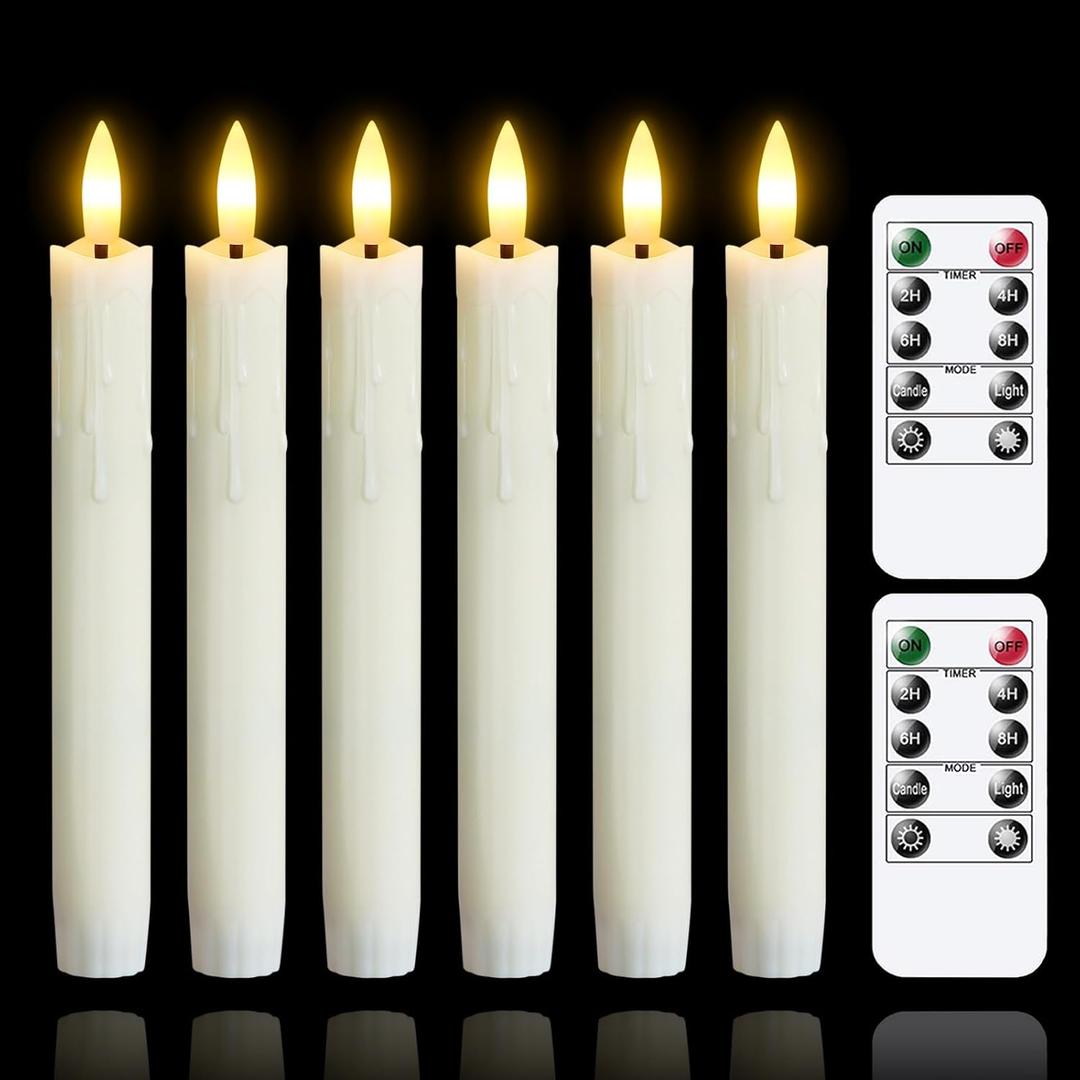 Flameless Flickering Taper Candles Two Remote, 7.5 Inch Ivory Battery Operated LED Window Candles Timer,Set of 6 Plastic 3D-Wick Dripping-Wax Effect Flameless Candlesticks(0.86Dia,Warm Fire)