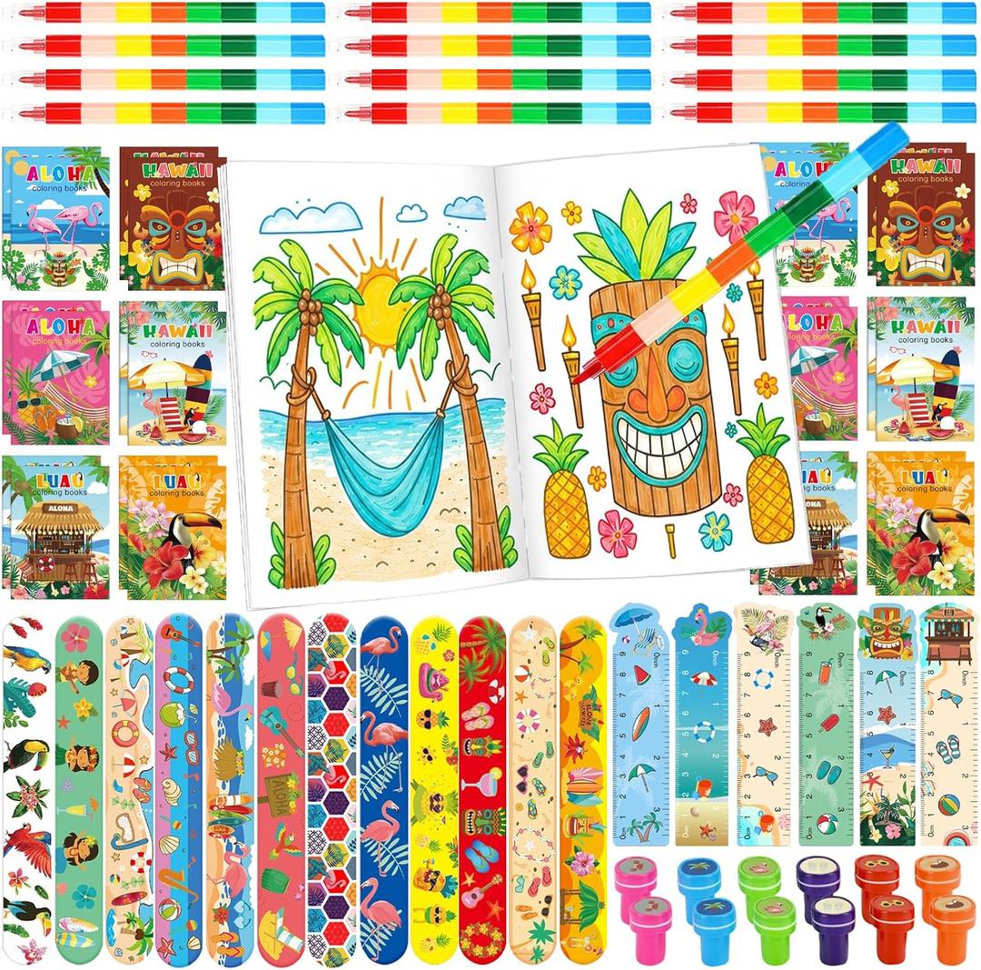 72 Pcs Hawaiian Luau Coloring Set Party Favors, Summer Bag Stuffers, Tiki Beach Pool Party Decorations, Luau Birthday Classroom Gifts for Hawaiian Tiki Pinata Supplies