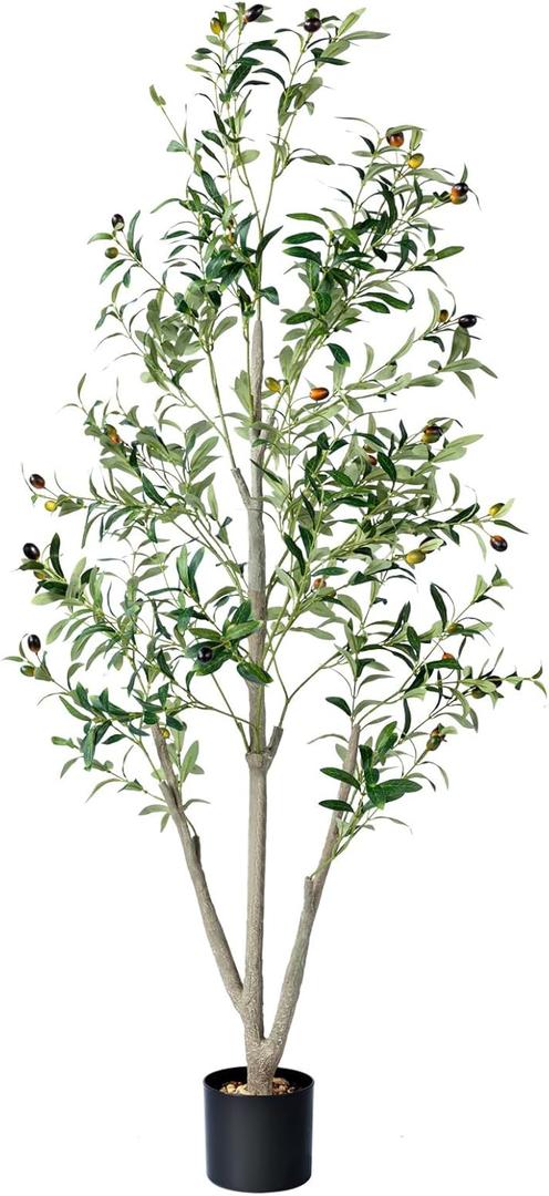 Olive Trees Artificial Indoor, 5FT Tall Faux Olive Tree with Moss and Planter, Artificial Plants Indoor with Natural Wood Trunk and Lifelike Fruits, Fake Tree for Home Office Living Room Decor