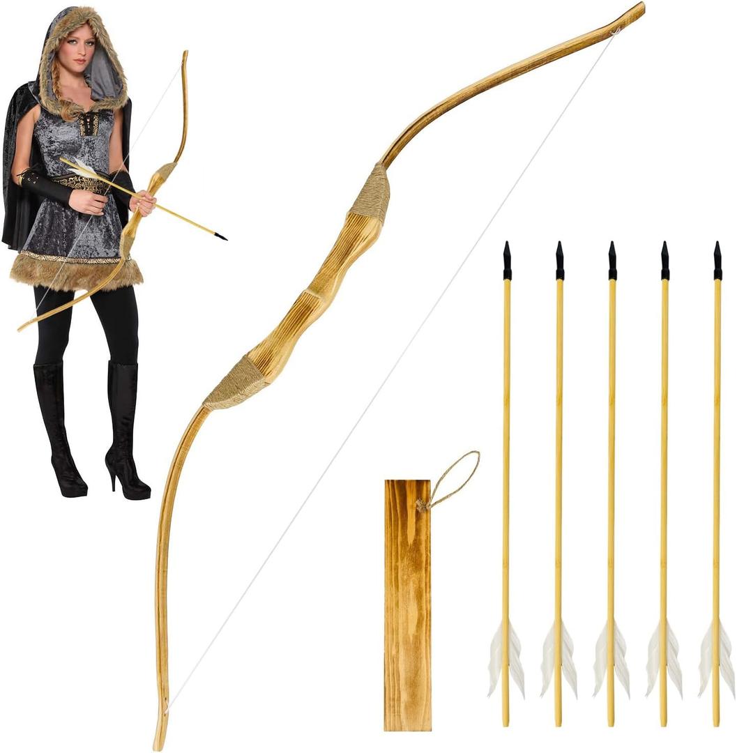 Wooden Bow and Arrow Set, 40 Inch Handmade Wooden Bow and Arrow Cosplay Costume Prop Archery Set Games Toys, 1 Bows 1 Quivers and 5 Feather Arrows, Gifts for Kids Youth Boys and Girls