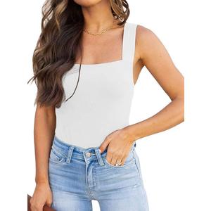 REORIA Butsmooth Womens Basic Sexy Square Neck Sleeveless Tank Tops Bodysuits Clubwear (White)