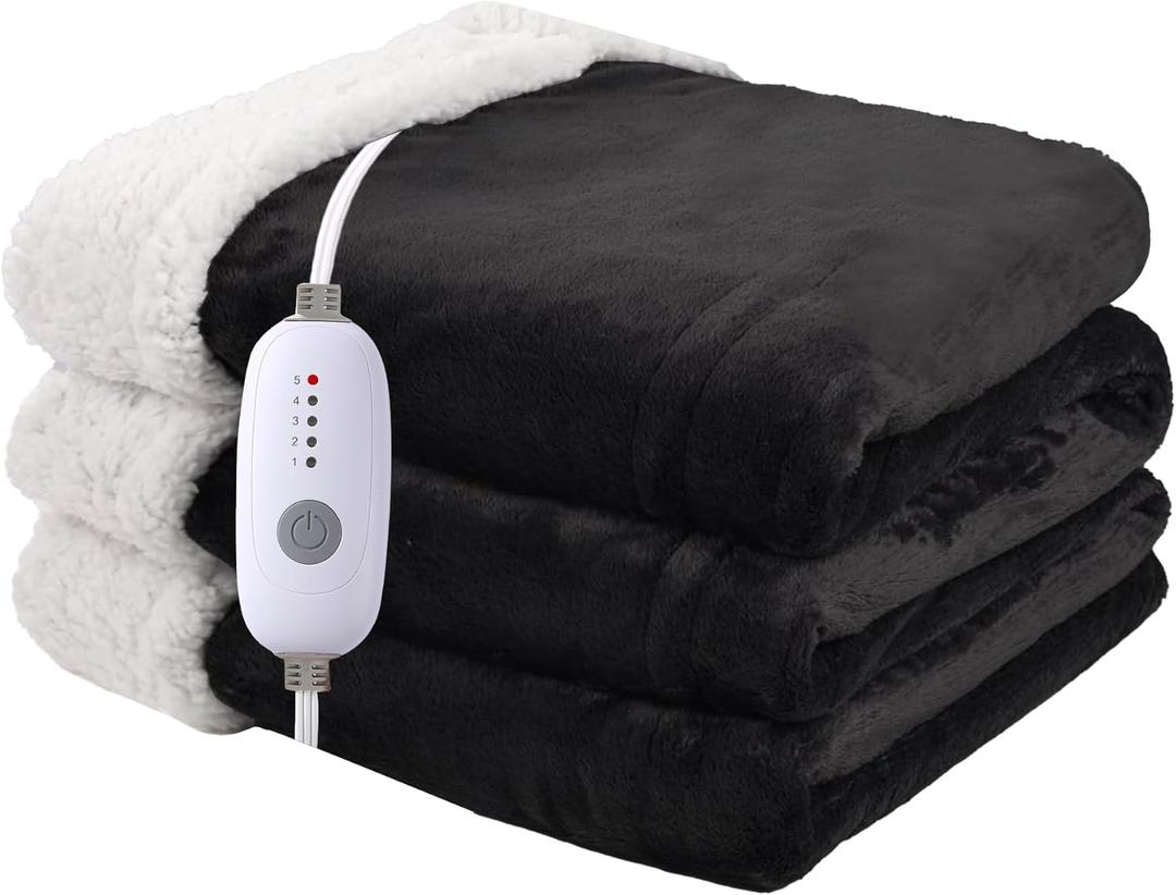 Heated Blanket Electric Throw Size 50''x60'' with 5 Heating Levels, 3 Hour Auto Shut Off, Machine Washable, Flannel & Sherpa Double-Sided Soft Warming Blanket for Couch, Bed, Office - Black