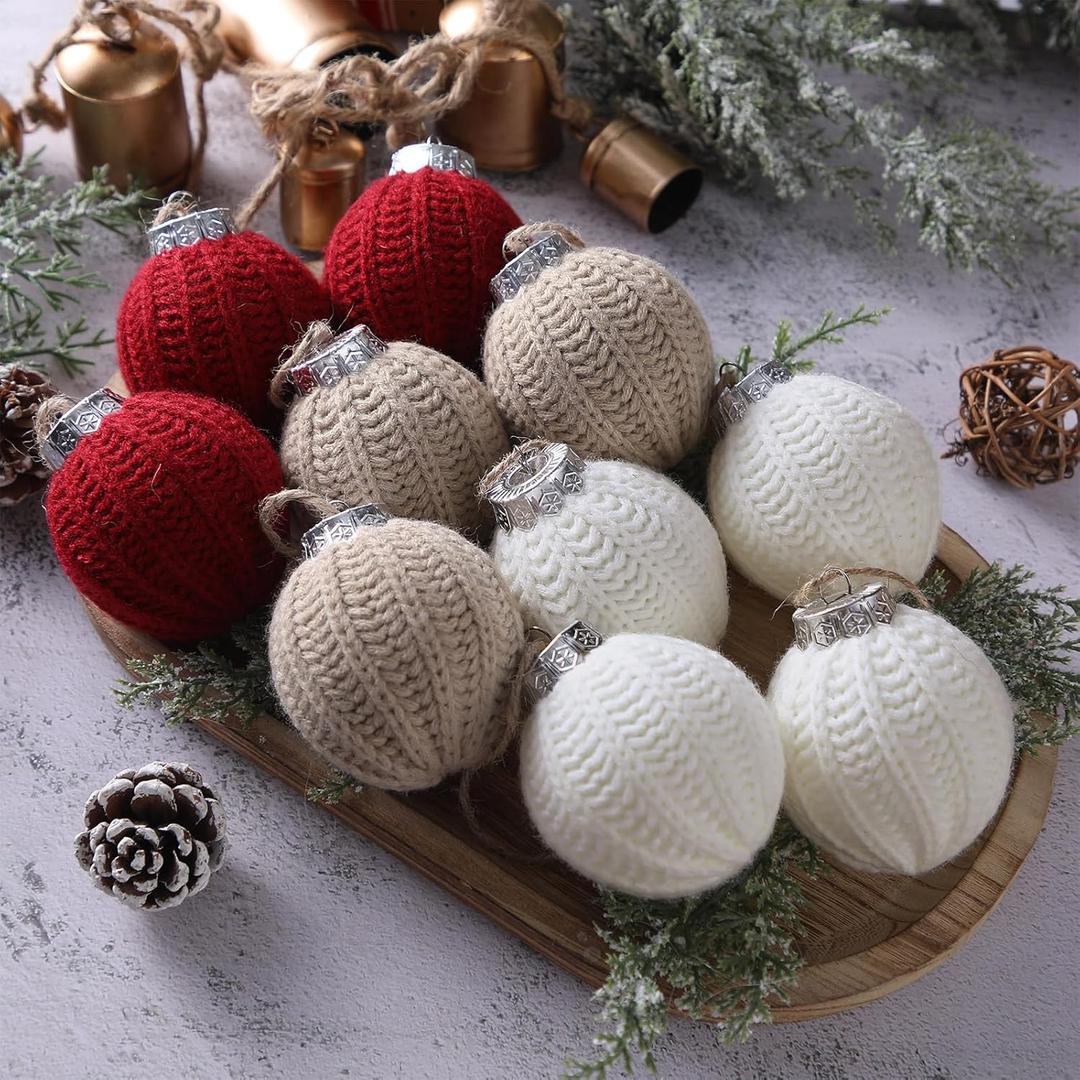 12 Pcs 2.36 Inch Boho Farmhouse Christmas Ornaments Burgundy Beige Crochet Christmas Balls Modern Handmade Woven Knitted Cotton Baubles for Xmas Tree Rustic Farmhouse Holiday Decor (Red, White, Light Beige)
