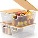 Geelin 4 Pcs White Metal Wire Basket with Wooden Handles and Bamboo Lids 14.37" x 8.58" x 6.5" Mesh Steel Basket Stackable Storage Bins Organizer Containers for Vegetables Fruit Home Cabinet Pantry