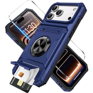 for iPhone 17 Pro Wallet Case with Card Holder + 1 Screen Protector, (2 Cards) & 360Ring Kickstand Military Grade Drop Shockproof Rugged Case for iPhone 17 Pro 6.3"(Blue)