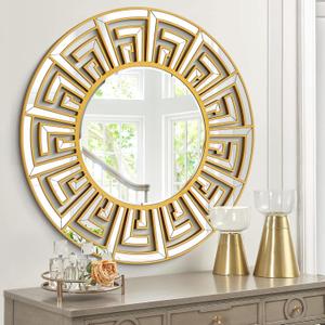 35.5"x35.5" Large Round Mirrors for Wall Decor Living Room, Gold Decorative Mirror, with Gold Geometric Pattern, Beveled Edge, for Luxury Entryway, Bedroom and Bathroom