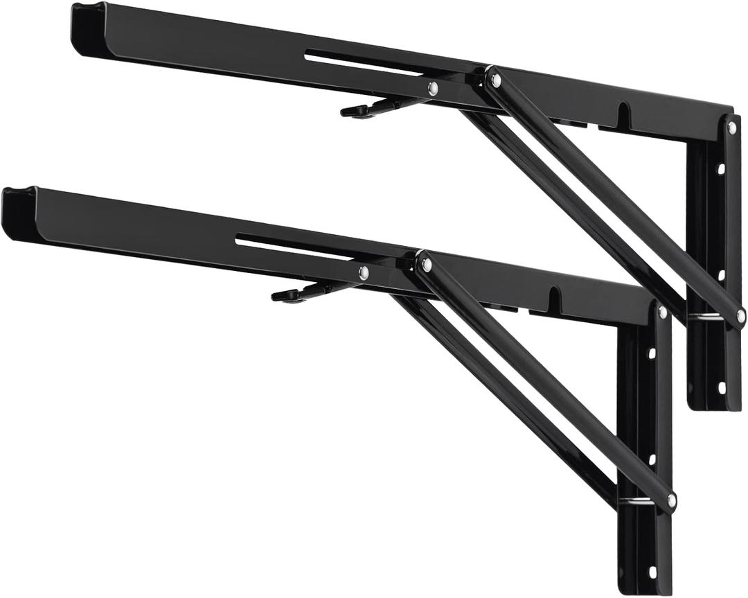 YUMORE Folding Shelf Brackets, 20 Inch Heavy Duty L Bracket, Black DIY Collapsible Shelf Bracket for Workbench Folding Table Hinge, Max Load: 330lb, Pack of 2