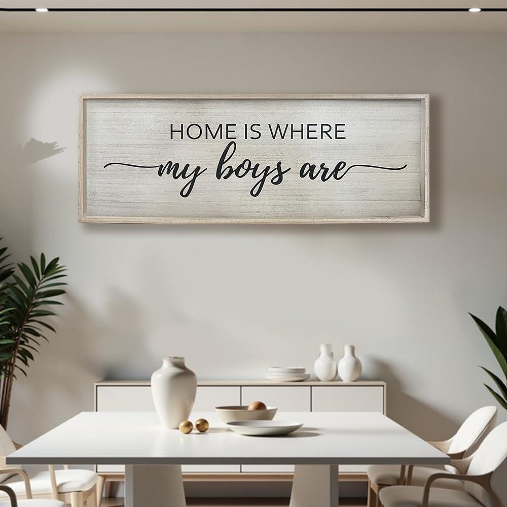 Home Is Where My Boys Are Wood Plaque Sign - 40 x15 Inch Rustic Wall Art for Living Room, Bedroom, Farmhouse Wall Decoration, Ready to Hang Family Decor (White)