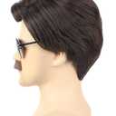 Short Brown Men Wig with Msutache and Sunglasses for 70s 80s Costume Cosplay Halloween Party