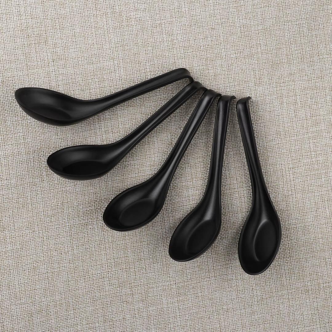 Soup Spoons Set of 6, Asian Ceramic Soup Spoons 5.3" Ramen Spoons Proper for Corelle Pho Miso Wonton Ramen Dumpling Macaron Dishwasher & Oven Safe, Black