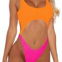 Sovoyontee Women's Sexy One Piece Swimsuits Cheeky Thong Bikini Bathing Suit (Medium, Orange & Pink)