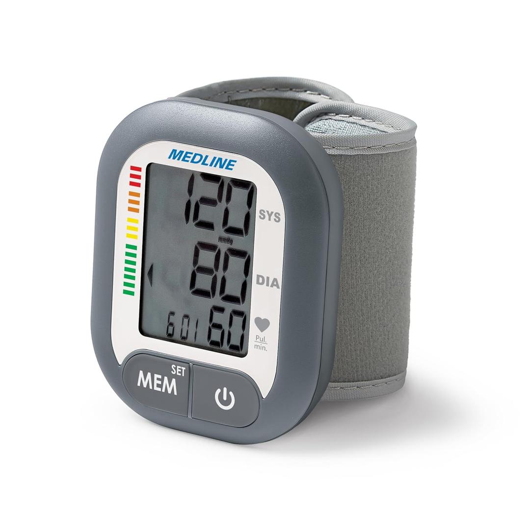 Medline Digital Wrist Blood Pressure Monitor, Wearable, Digital LCD Display, Stores Up To 60 Readings, Batteries Included, Medium