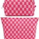 SOIDRAM 2 Pieces Makeup Bag Large Checkered Cosmetic Bag Capacity Canvas Mix Travel Toiletry Bag Organizer Cute Makeup Brushes Aesthetic Accessories Storage Bag for Women, Checkered Mix Rose Red